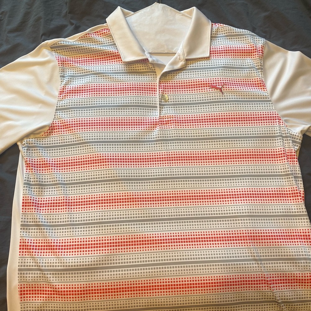 Puma golf polo. Men’s Large. White + pink & gray stripes.
